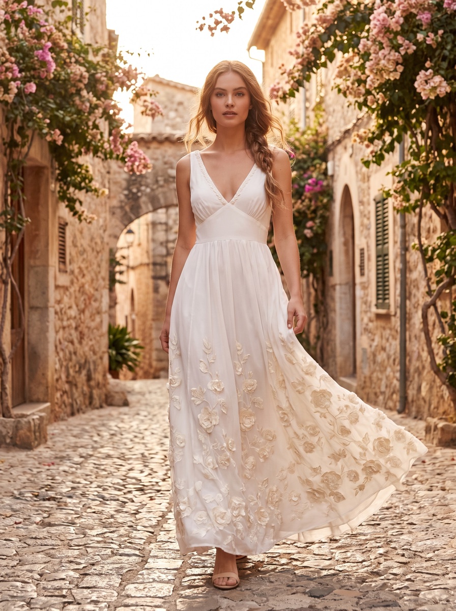 Campaign study: flowing white floral maxi dress